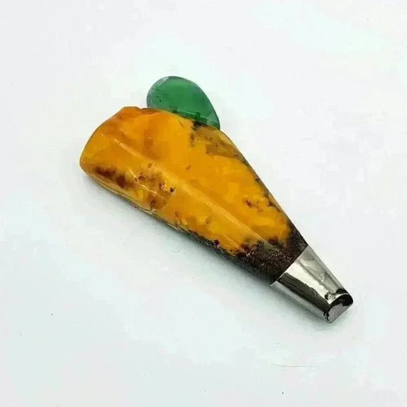 Sterling Silver Brooch with Jade and Baltic Amber - Picture 1 of 3